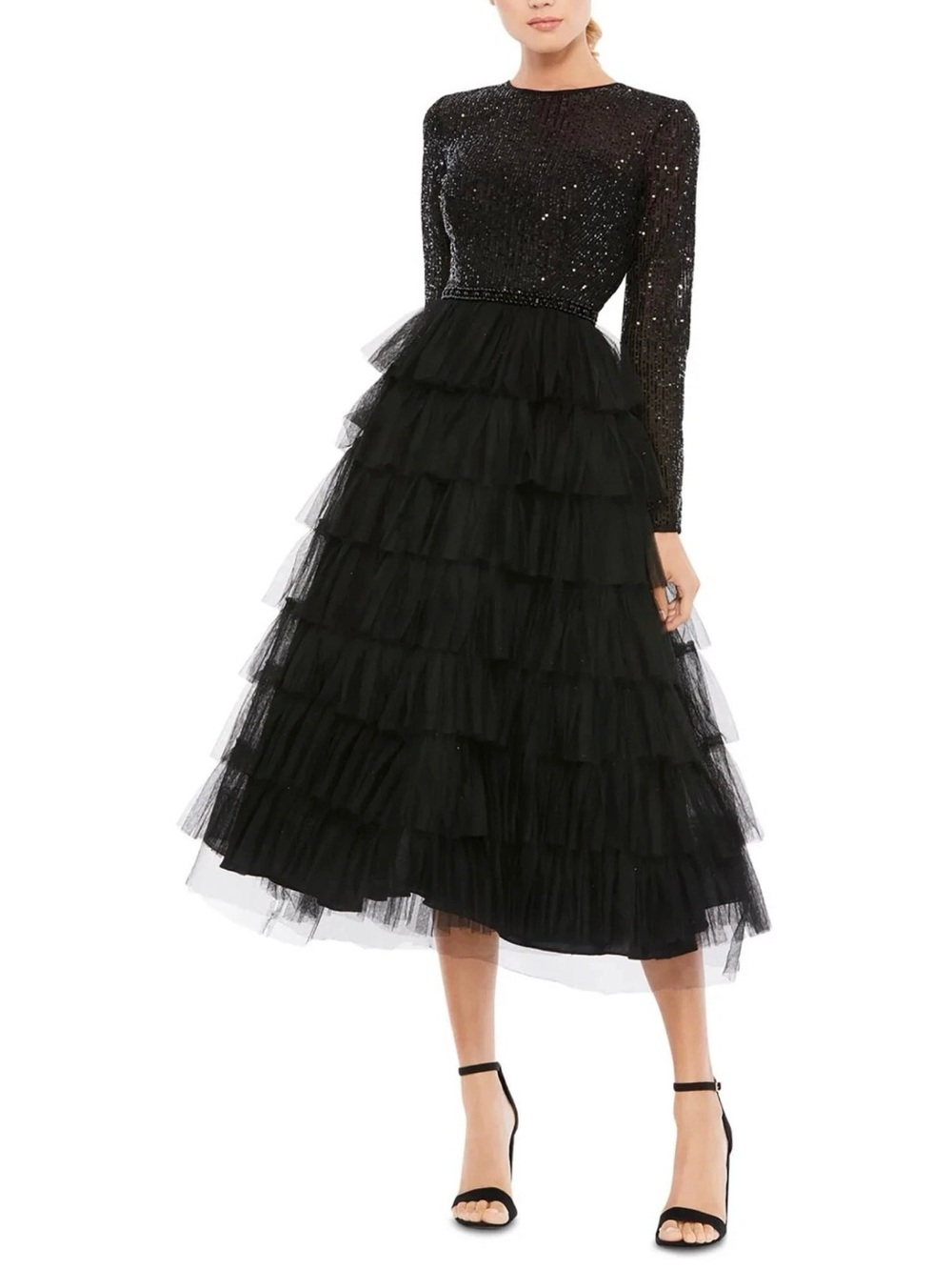 Mac Duggal Black Sequin Tiered Long Sleeve Tulle Cocktail Dress Size 6